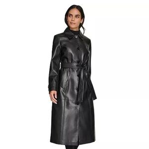 Calvin Klein, Black, faux leather, trench coat with belt, Size M